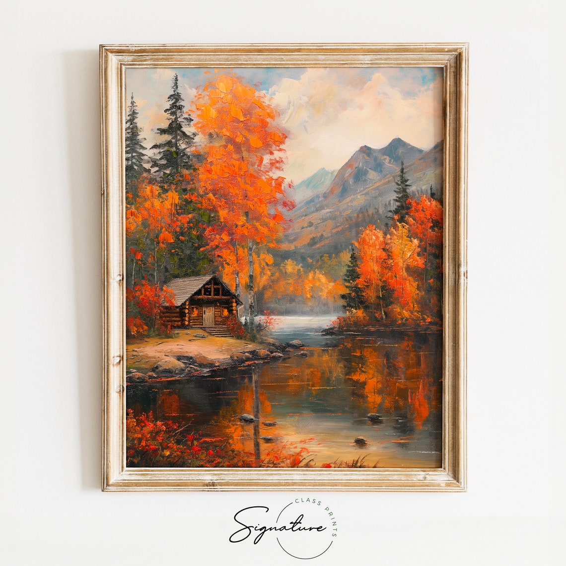 Lakeside Mountain Cabin Ringed By Orange Autumn Trees Art Poster