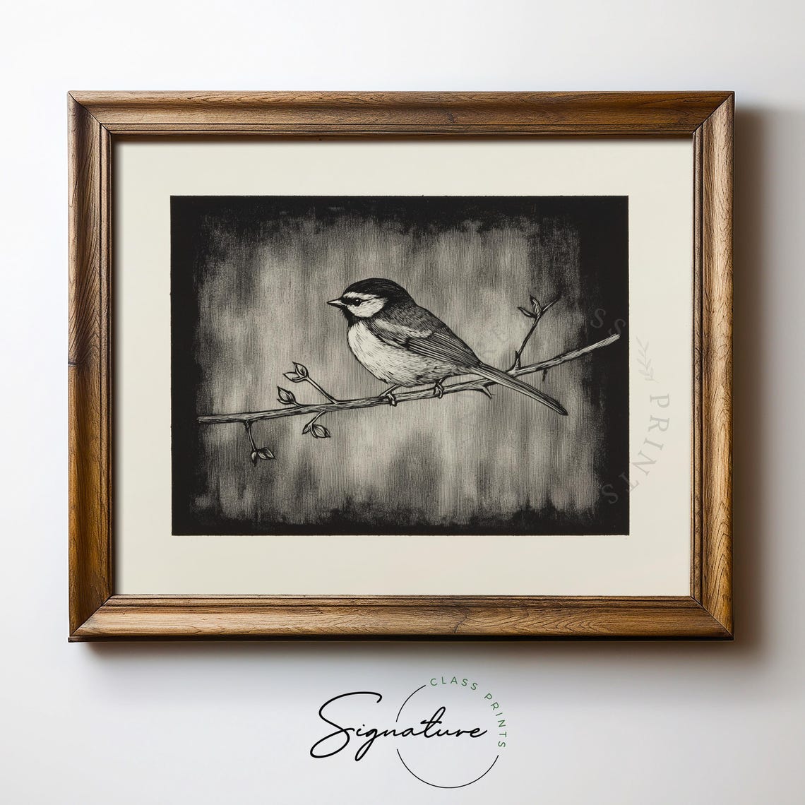 Chickadee On Winter Branch Black And White Sketch Art Poster - Image 2