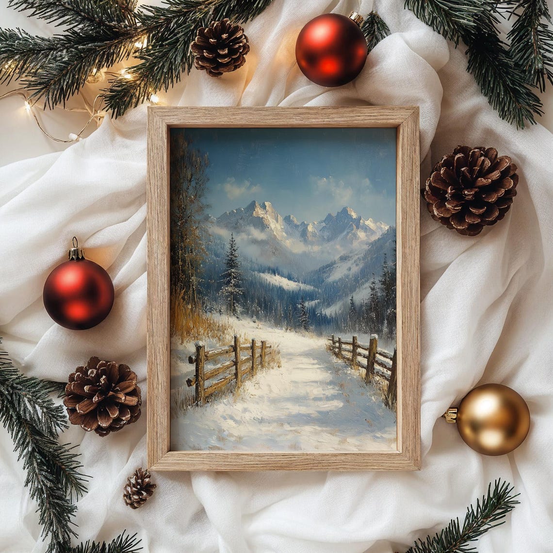 Serene Snowy Alpine Road Wooden Fences Mountain Landscape Poster - Image 4