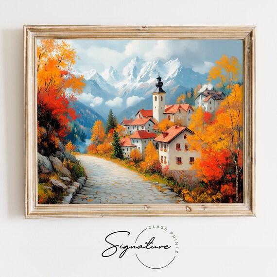 Alpine Village Church Snowy Peaks Autumn Oil Painting Travel Poster