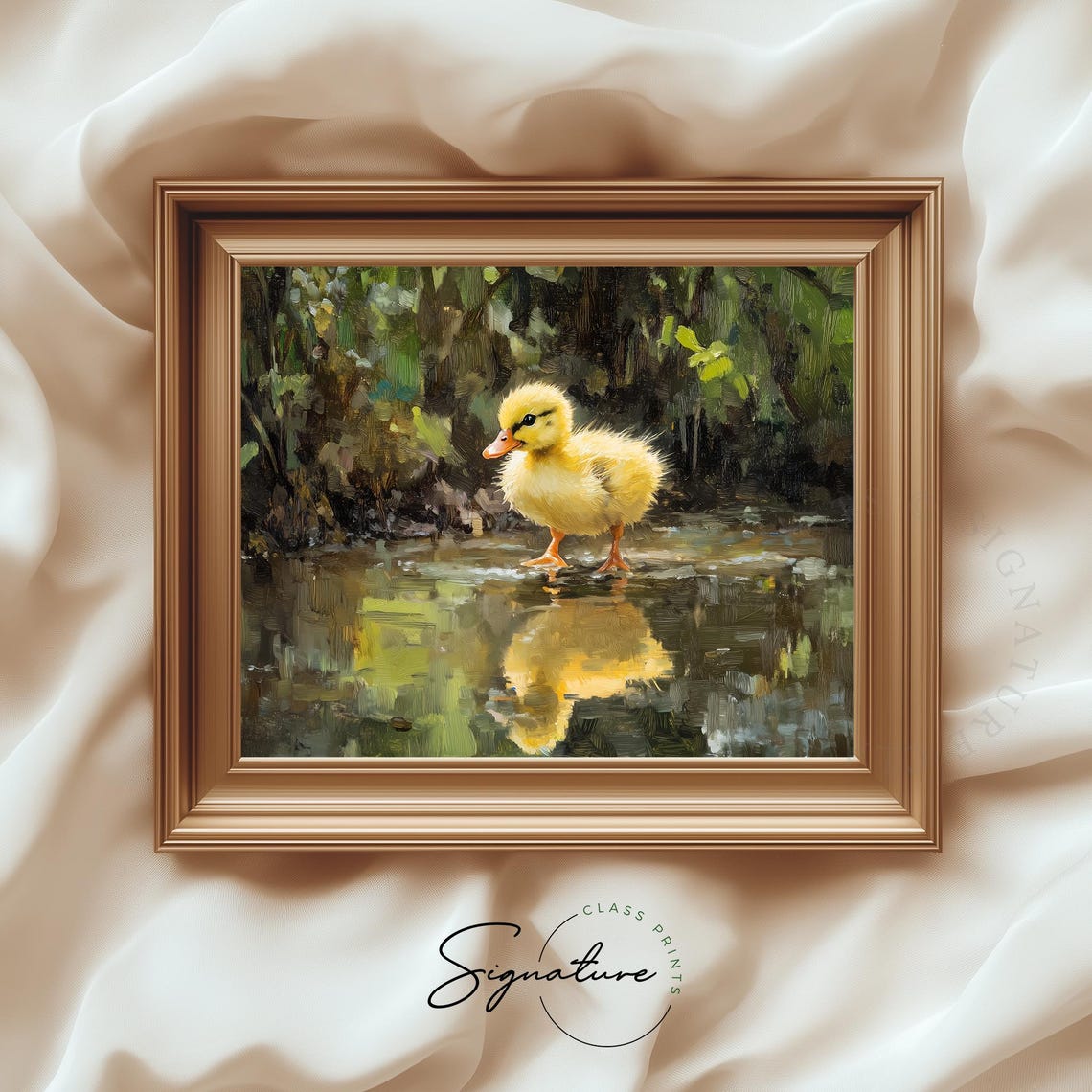 Fluffy Duckling by Water Edge Mirror Reflection Spring Painting Print