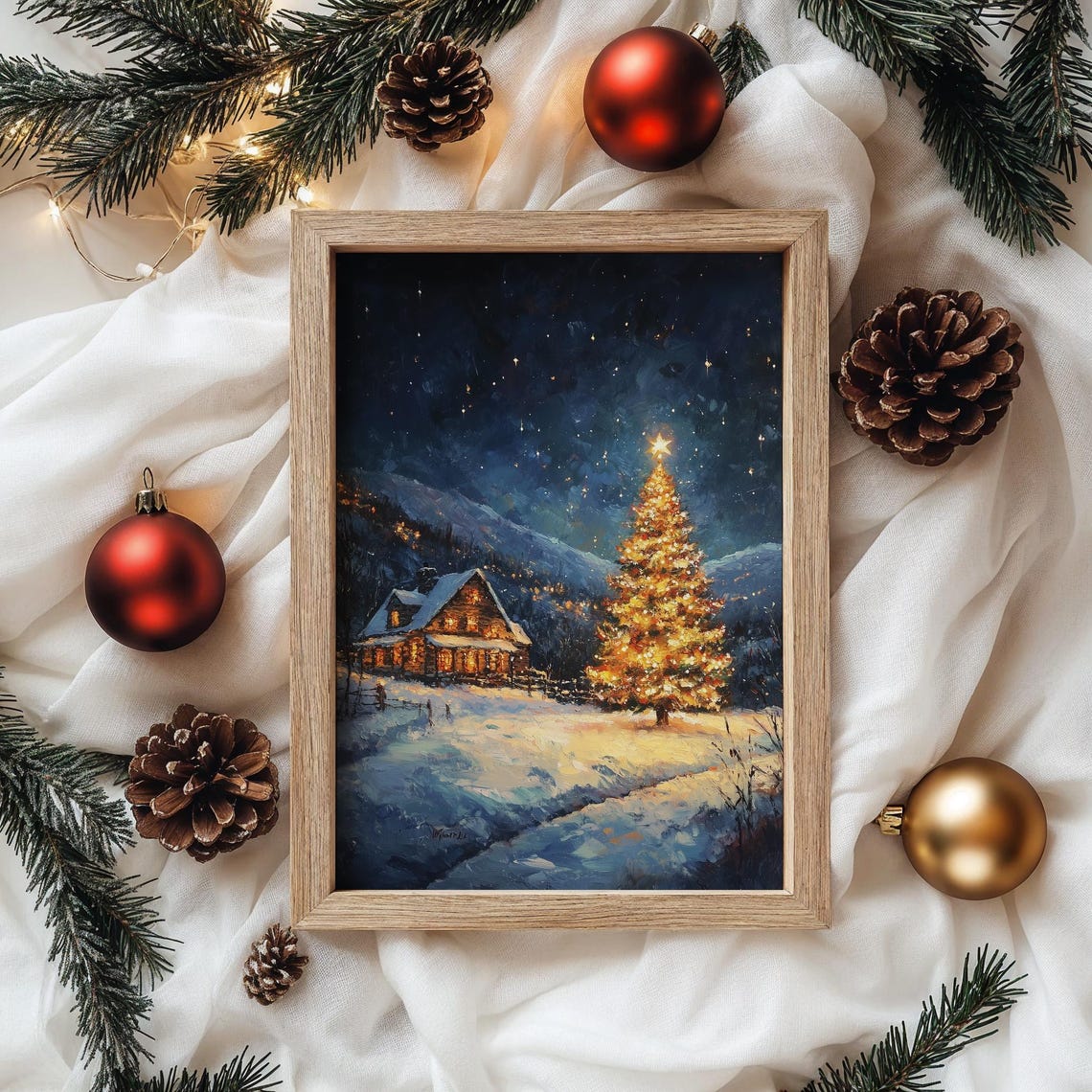 Snowy Christmas Night Lit Tree Log Cabin Starry Sky Winter Art Poster - Image 3