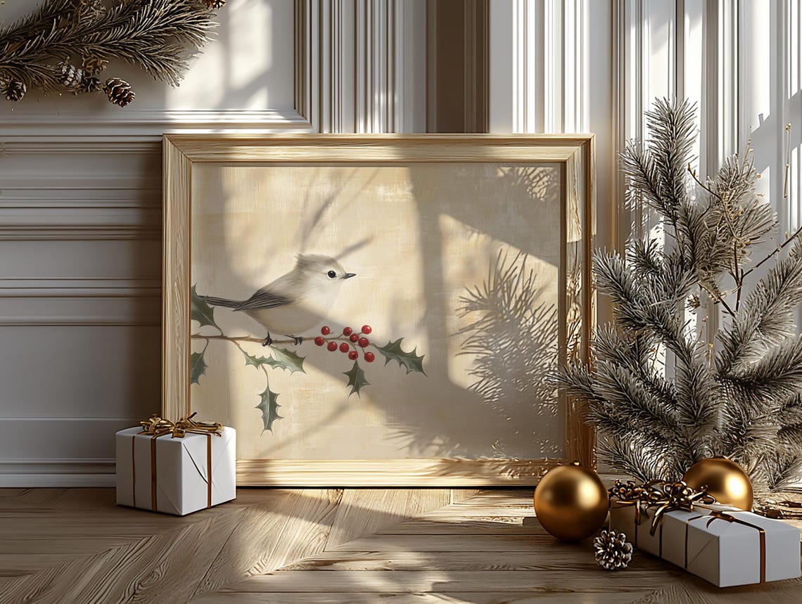 Tufted Titmouse on Holly Branch Red Berries Winter Bird Art Poster - Image 6