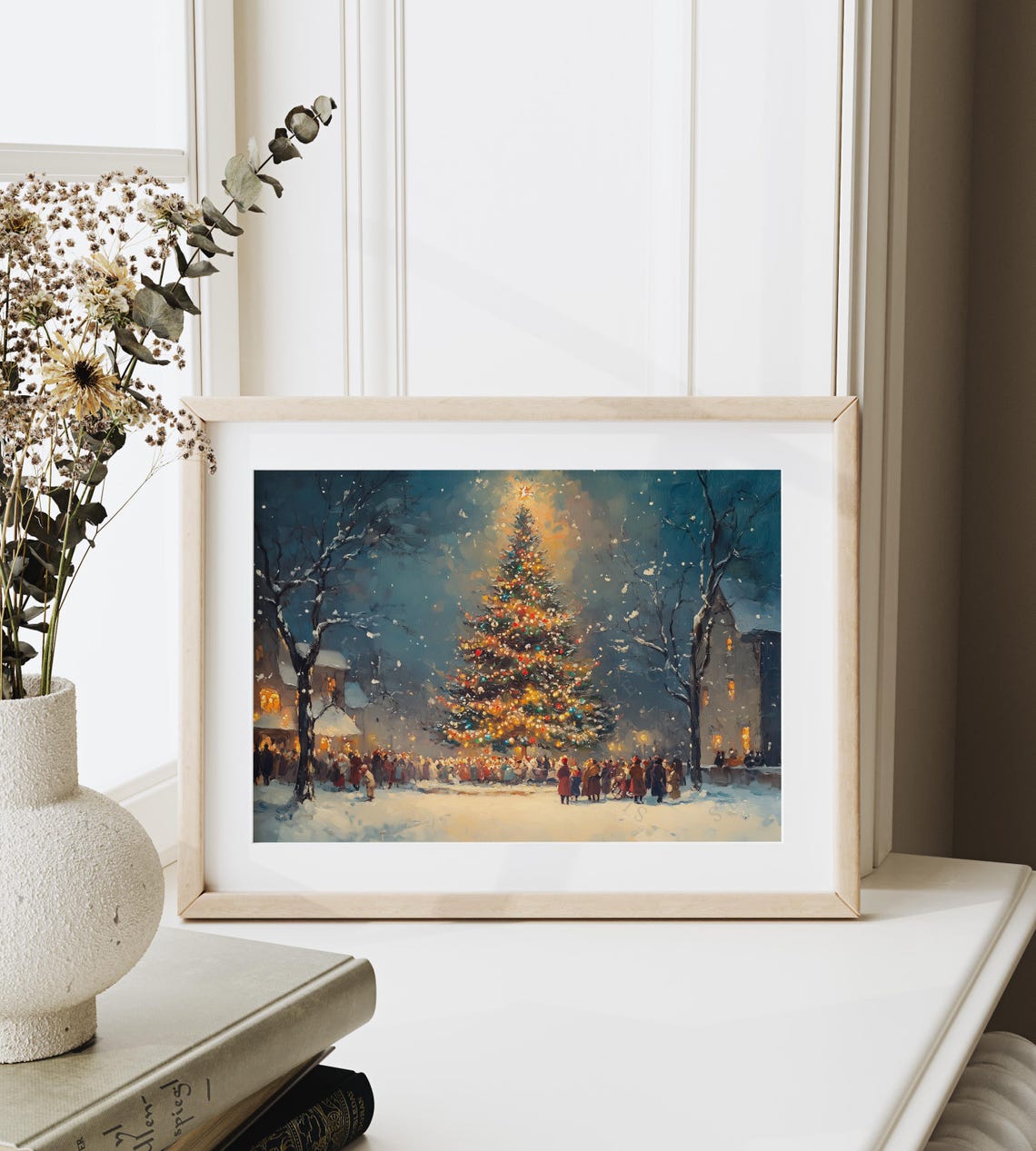 Glowing Christmas Tree in Snowy Night Town Square Winter Scene Poster - Image 6