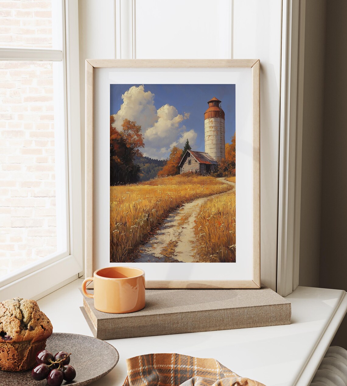 White Silo With Red Top and Wooden Barn on Golden Autumn Farm Road Wall Art - Image 6