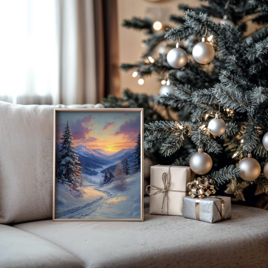 Snowy Mountain Trail At Sunset Through Pine Forest Oil Painting Poster - Image 5