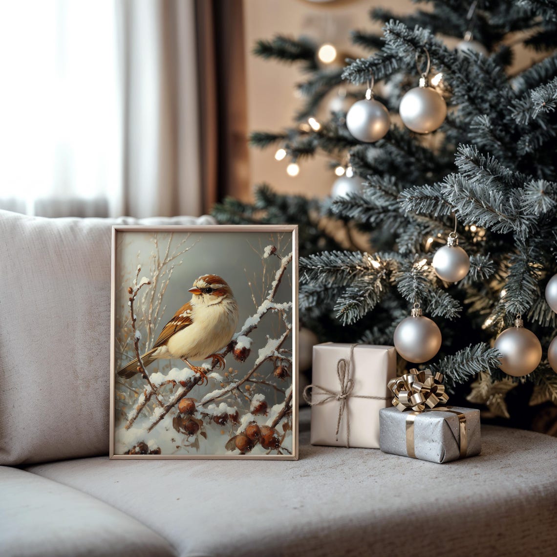 Tree Sparrow on Snowy Branch With Winter Berries Holiday Bird Poster - Image 5
