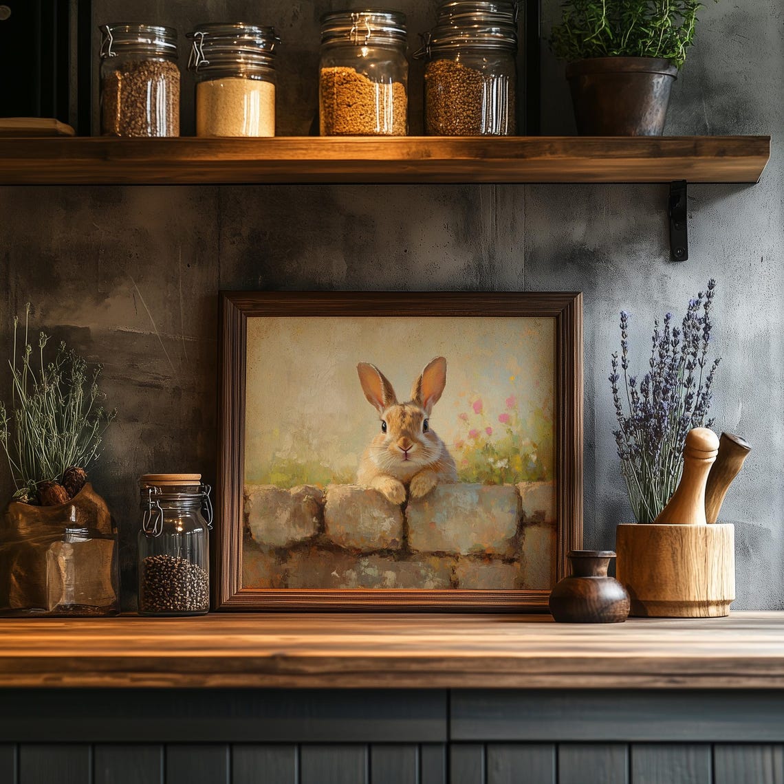 Curious Bunny Peeking Over Stone Garden Wall Spring Animal Art Print - Image 2
