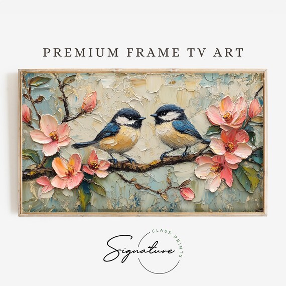 Two Chickadee Birds On Cherry Blossom Branch Impasto Art Poster
