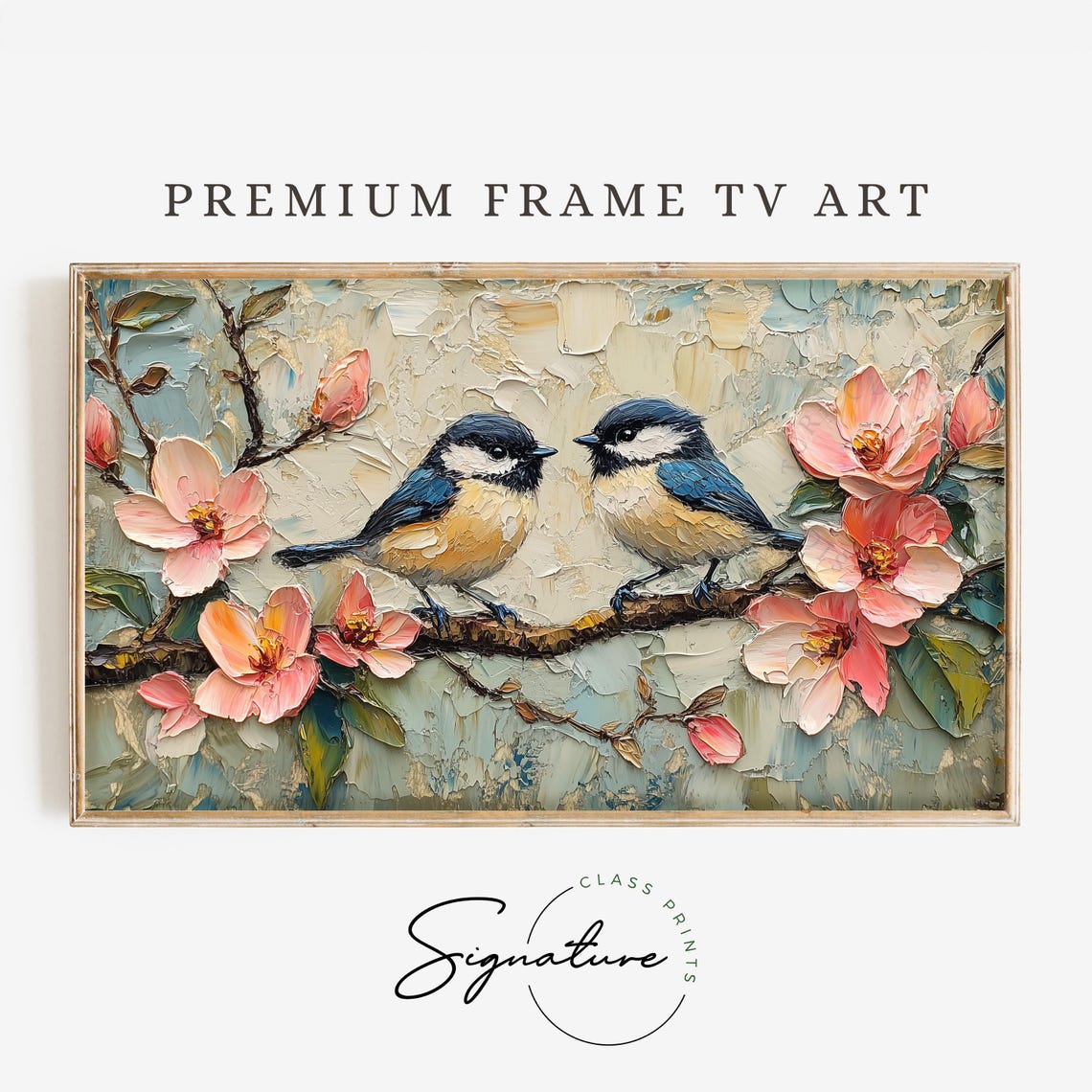 Two Chickadee Birds On Cherry Blossom Branch Impasto Art Poster