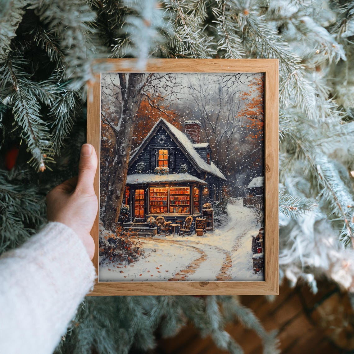 Cozy Bookstore in the Snow at Night with Glowing Windows Poster - Image 6