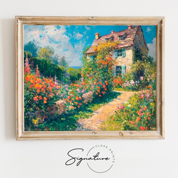 Artists Garden Cottage Blooming Flower Path Vintage Oil Poster