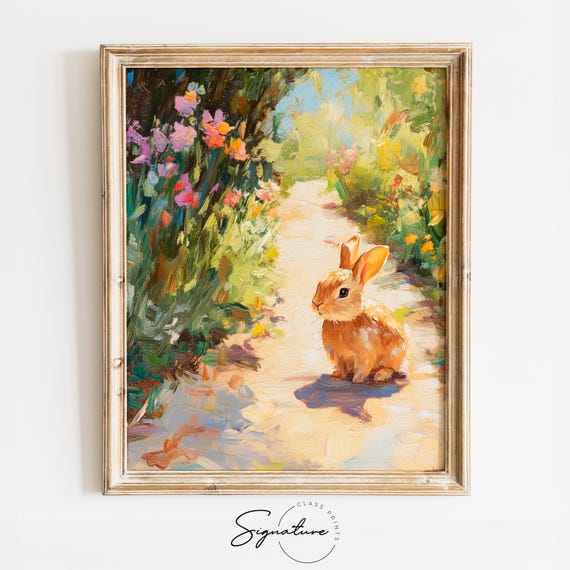 Small Brown Bunny On A Sunlit Path Impressionist Spring Animal Painting Rustic Cottagecore Wall Art Country Nature Print 3661