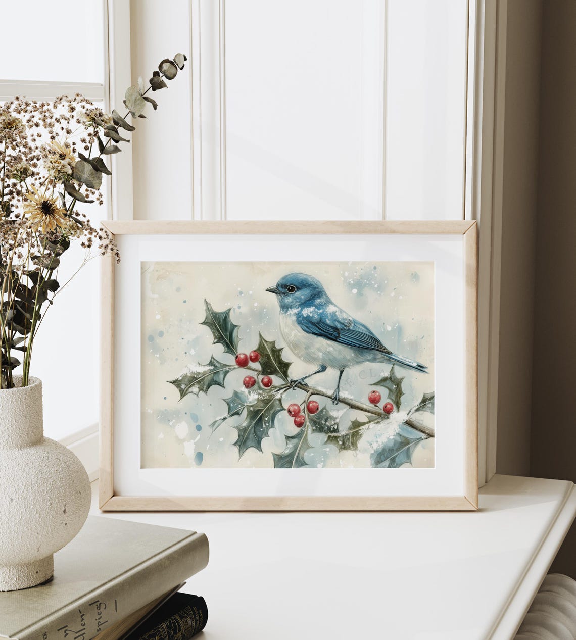Bluebird On Holly Branch With Red Berries Winter Watercolor Poster - Image 6