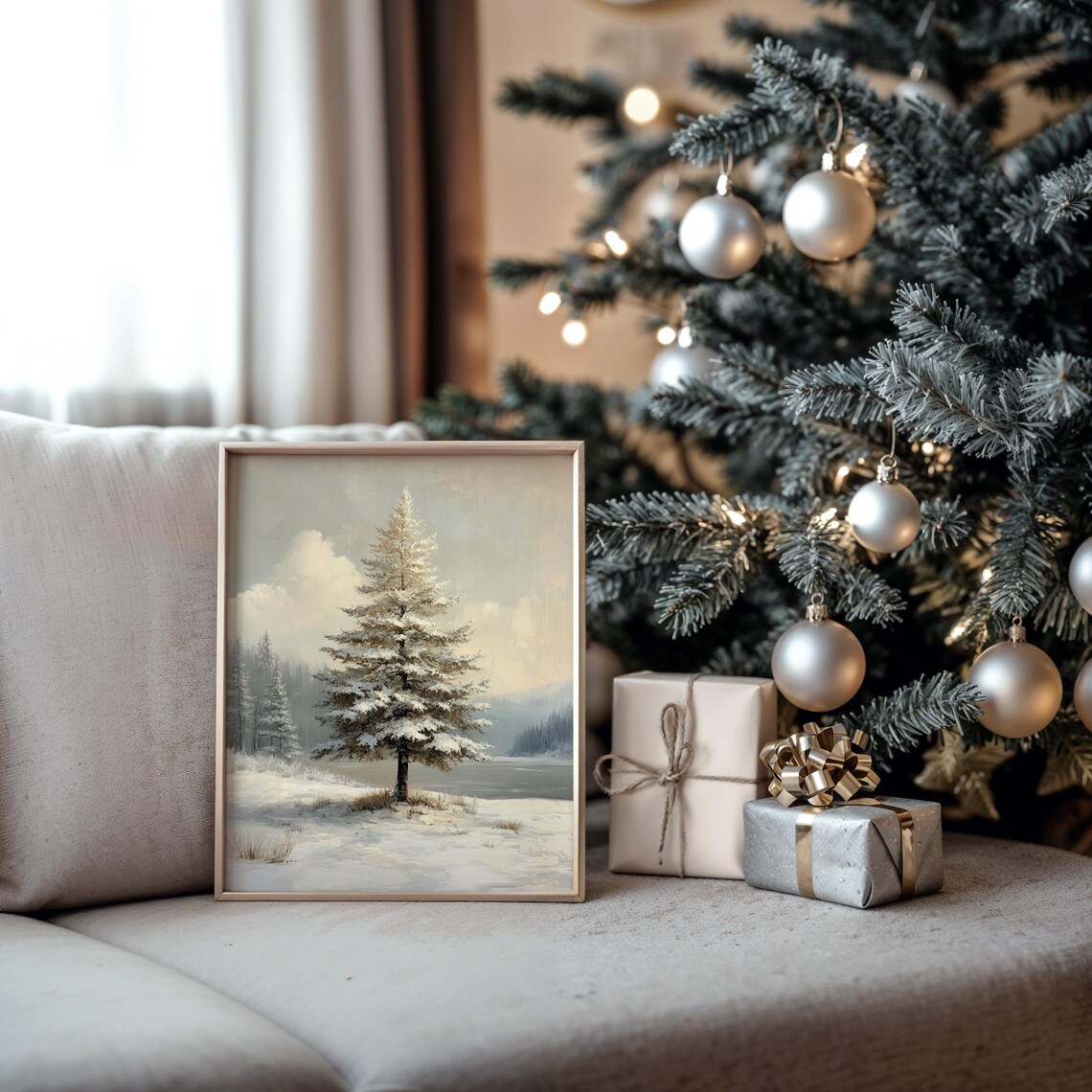 Single Snowy Pine Tree by Frozen Lake Shore Winter Morning Poster - Image 5