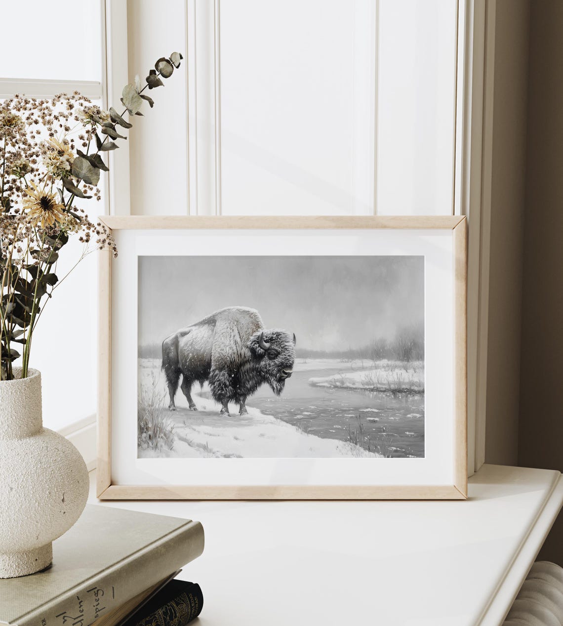 Bison Standing by Snowy River in Winter Wildlife Nature Art Poster - Image 6