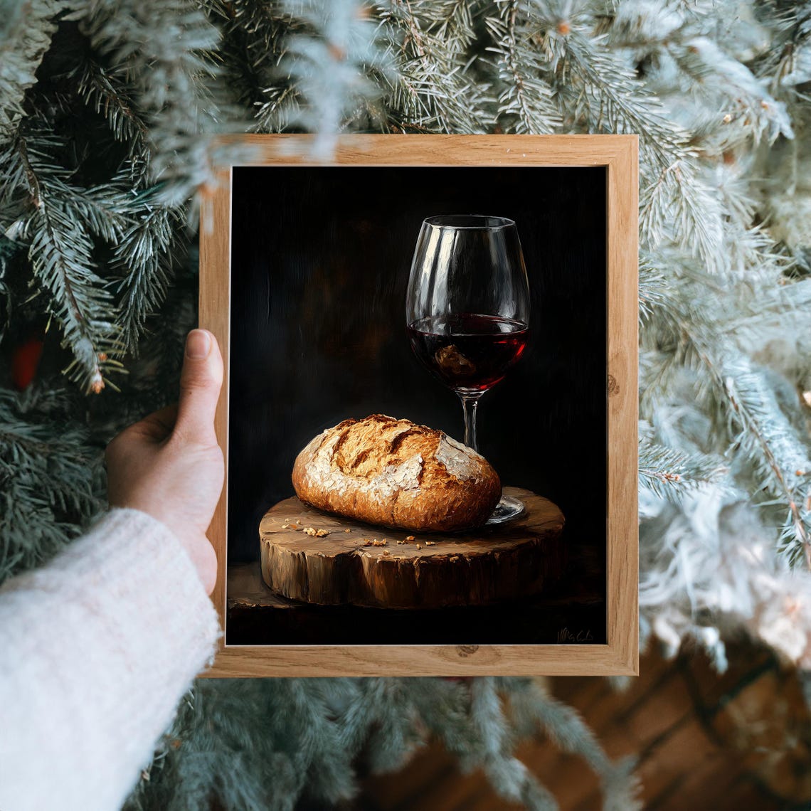 Red Wine Glass And Rustic Bread Loaf Moody Still Life Poster - Image 6