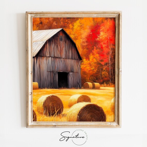 Weathered Barn Hay Bales Crimson Autumn Trees Harvest Field Poster