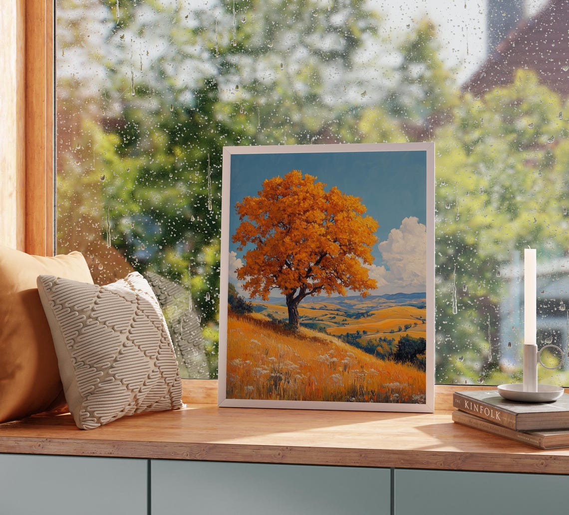 Lone Orange Tree Blue Sky Patchwork Hills Golden Pasture Poster - Image 2