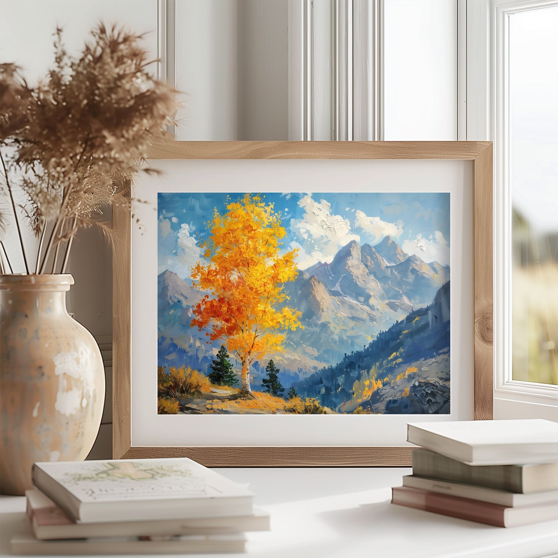 Blazing Orange Aspen Tree Jagged Peaks Bright Blue Sky Poster - Image 2