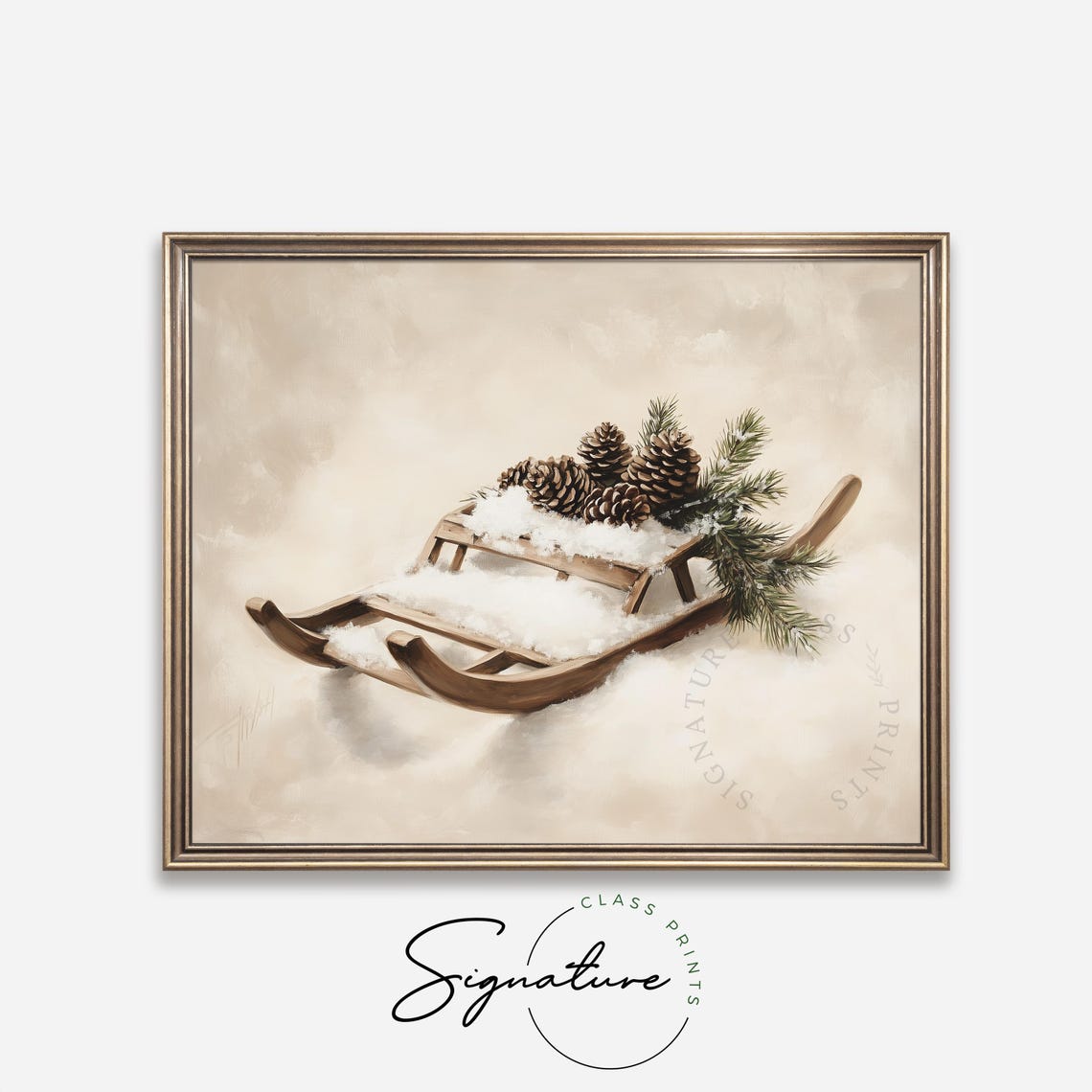 Wooden Sled With Pinecones and Fir Branches Snowy Still Life Poster - Image 4