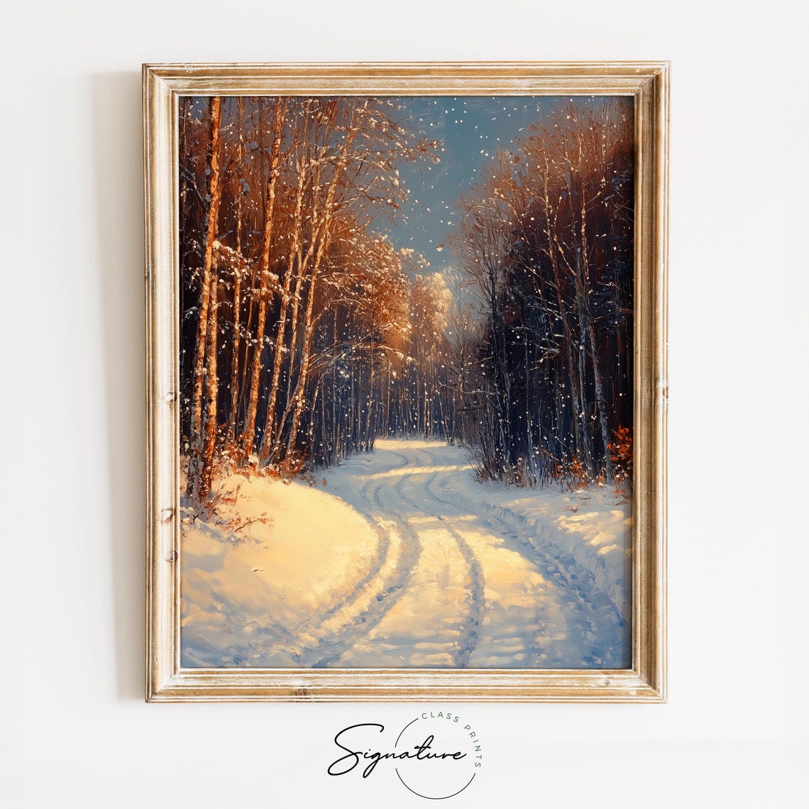 Sunlit Snowy Birch Forest Road in Golden Winter Light Poster