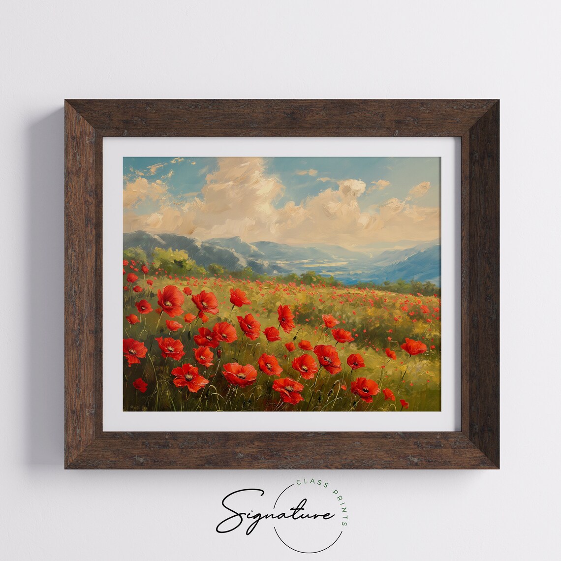Red Poppy Field Oil Painting with Mountains and Cloudy Sky Poster - Image 5