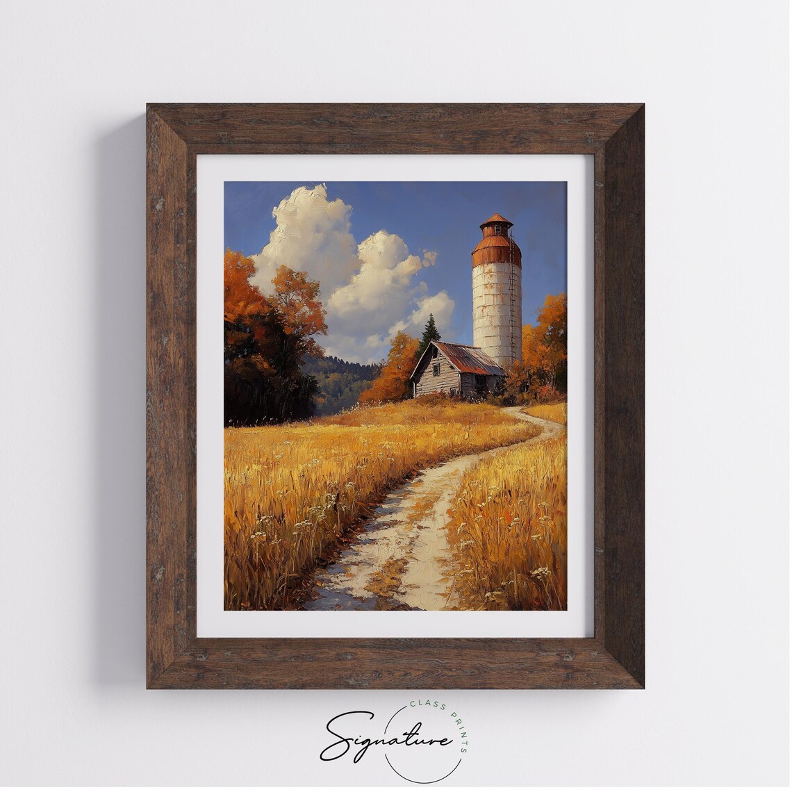 White Silo With Red Top and Wooden Barn on Golden Autumn Farm Road Wall Art - Image 4