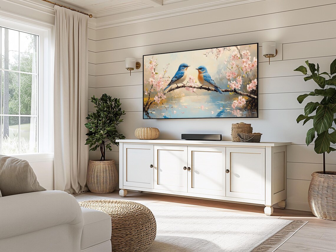 Bluebirds Pair Cherry Blossom Branch Spring Birds Pink Flowers Water Poster - Image 3