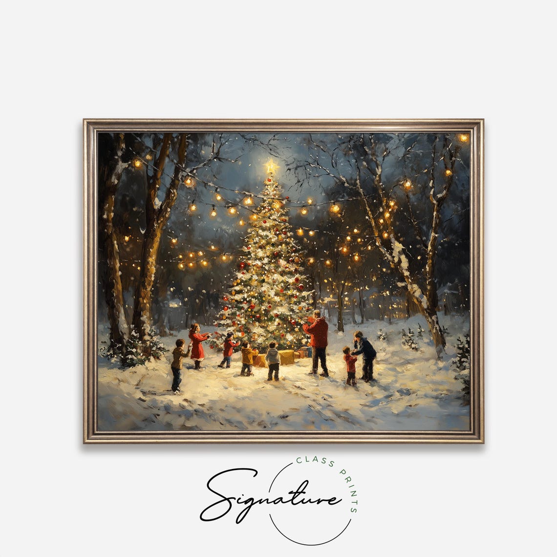 Family Decorating A Glowing Outdoor Christmas Tree At Night Poster - Image 4