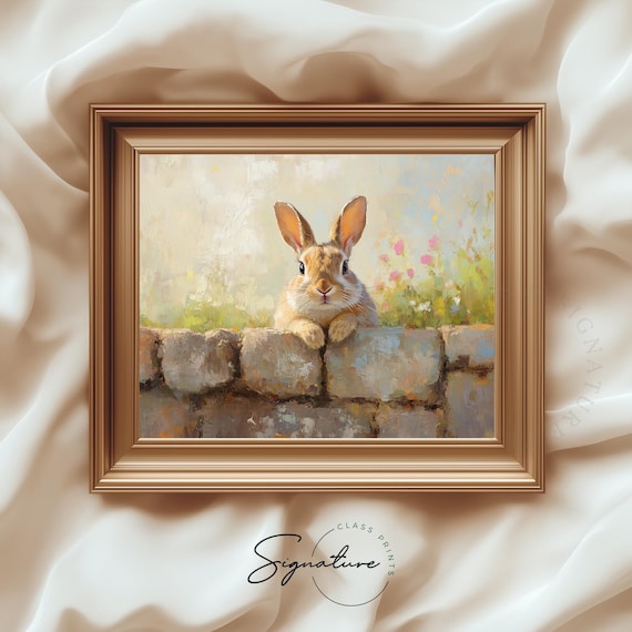 Curious Bunny Peeking Over Stone Garden Wall Spring Animal Art Print