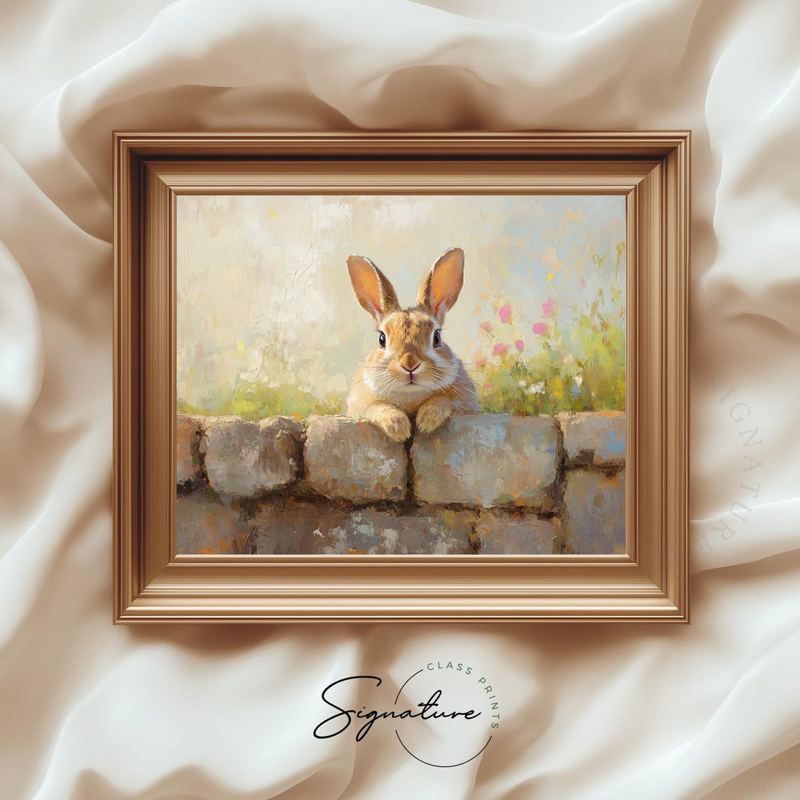 Curious Bunny Peeking Over Stone Garden Wall Spring Animal Art Print