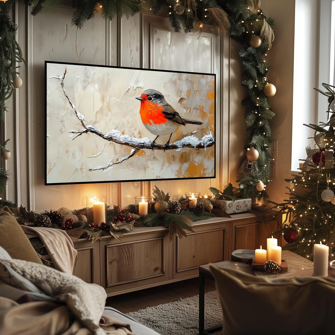 Cheerful Robin On Snowy Branch Winter Frame TV Art Bird Poster - Image 3