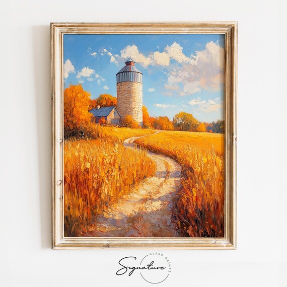 Stone Silo Farmhouse Golden Wheat Field Winding Dirt Road Poster