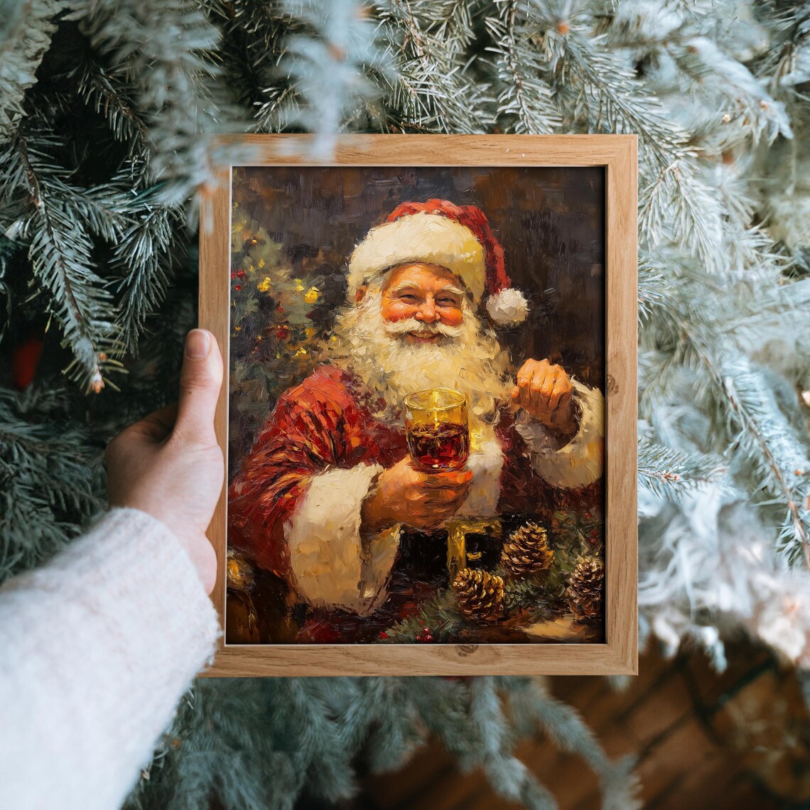 Smiling Santa Claus Holding Hot Drink Christmas Oil Painting Print - Image 6