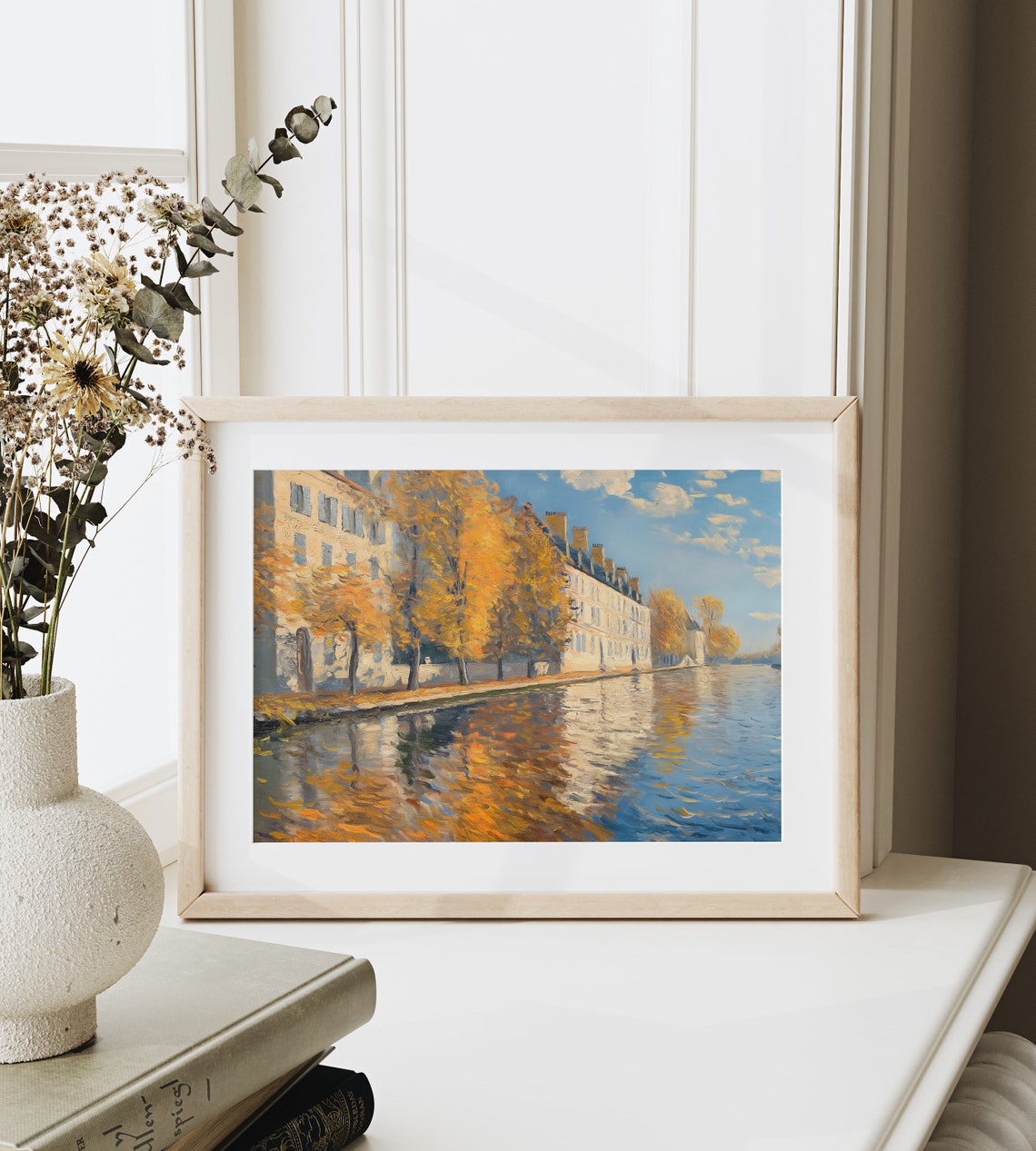 Autumn Riverside City With Fall Trees Reflective Blue Water Poster - Image 6