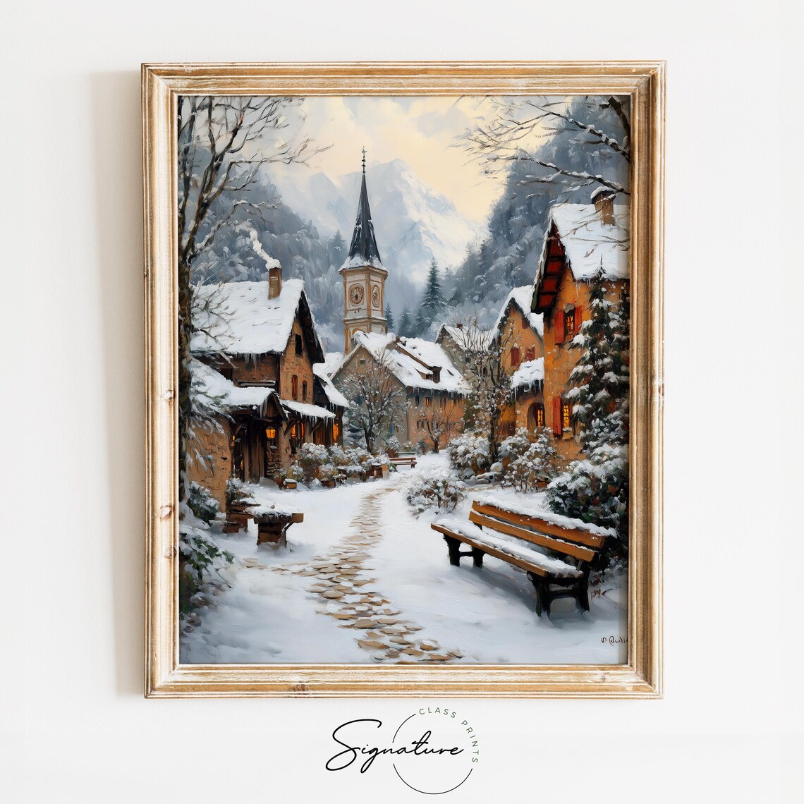 Snowy Alpine Village with Church Tower and Glowing Windows Poster