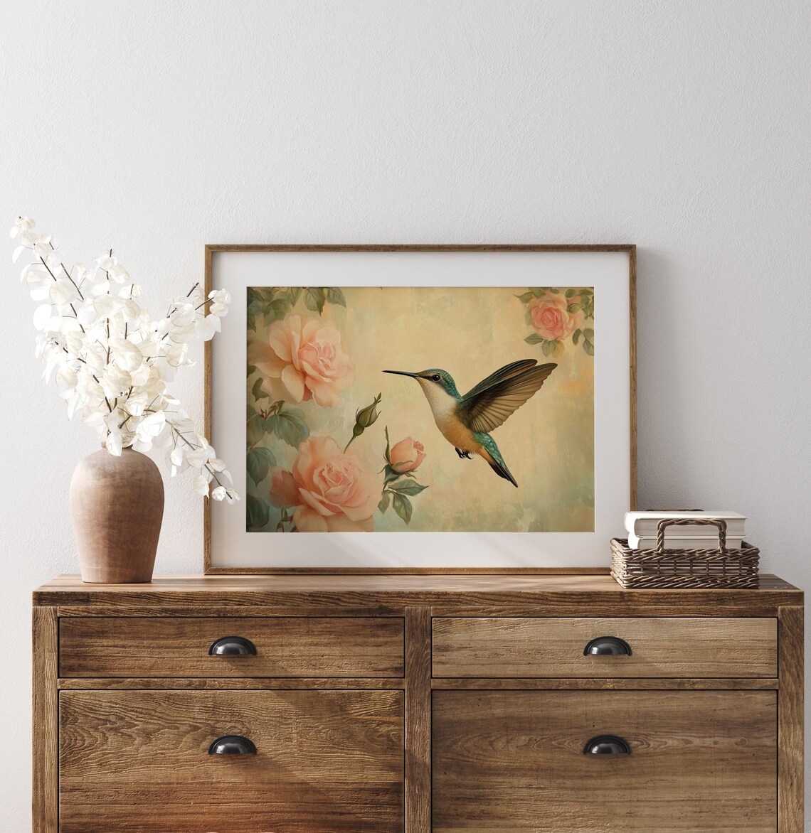 Hummingbird Among Peach Roses Vintage Floral Bird Art Poster - Image 2
