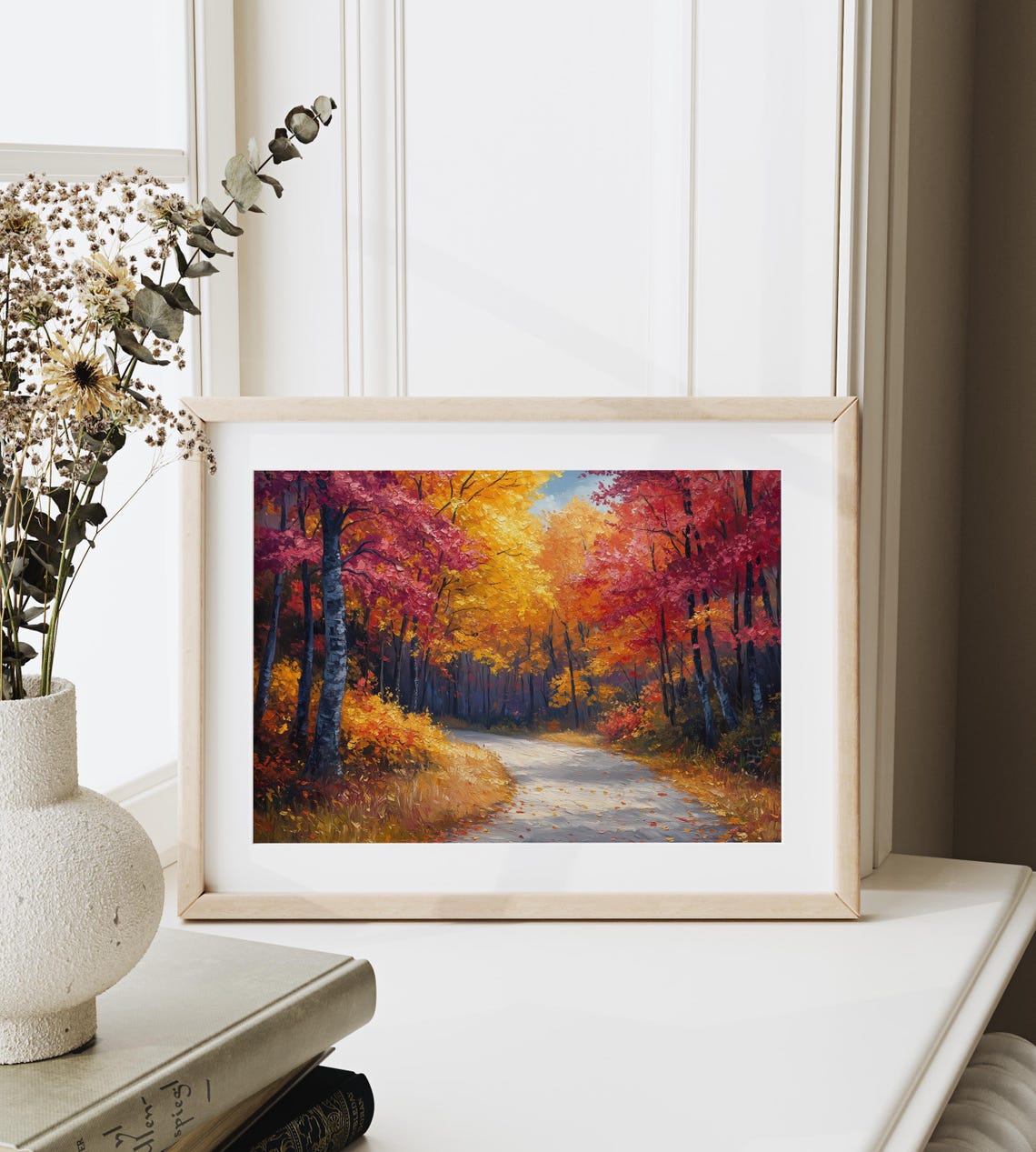 Autumn Forest Road Red Orange Trees Impasto Fall Landscape Wall Art - Image 6