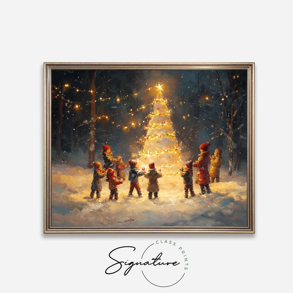 Children Gathering Around A Lit Christmas Tree On A Snowy Night Poster - Image 4