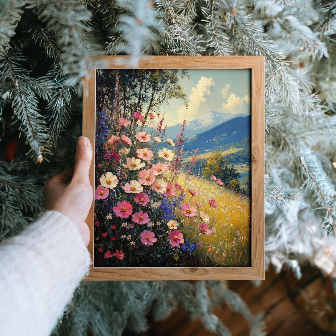 Vibrant Pink Wildflower Meadow Mountain Landscape Art Poster - Image 6