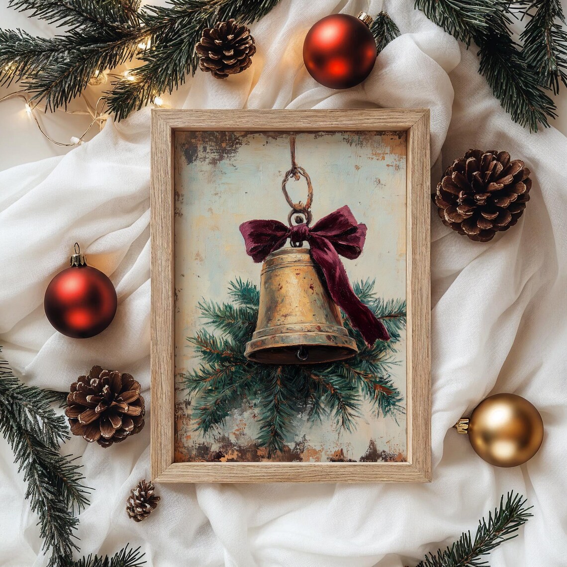 Brass Christmas Bell with Red Velvet Bow Pine Oil Painting Print - Image 4