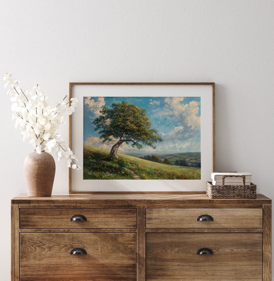Windswept Beech Tree On Rolling Flower Meadow Hillside Poster - Image 3