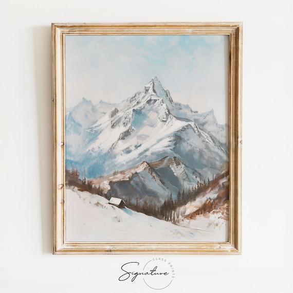 Snow Covered Mountain Peak Cabin Blue Winter Scenic Art Poster