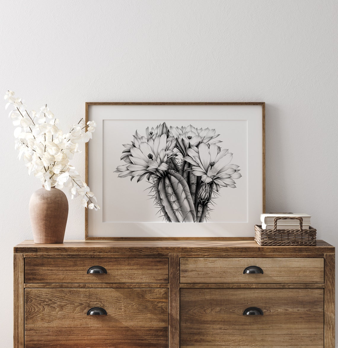 Blooming Cactus Flowers Black And White Botanical Sketch Art Poster - Image 3