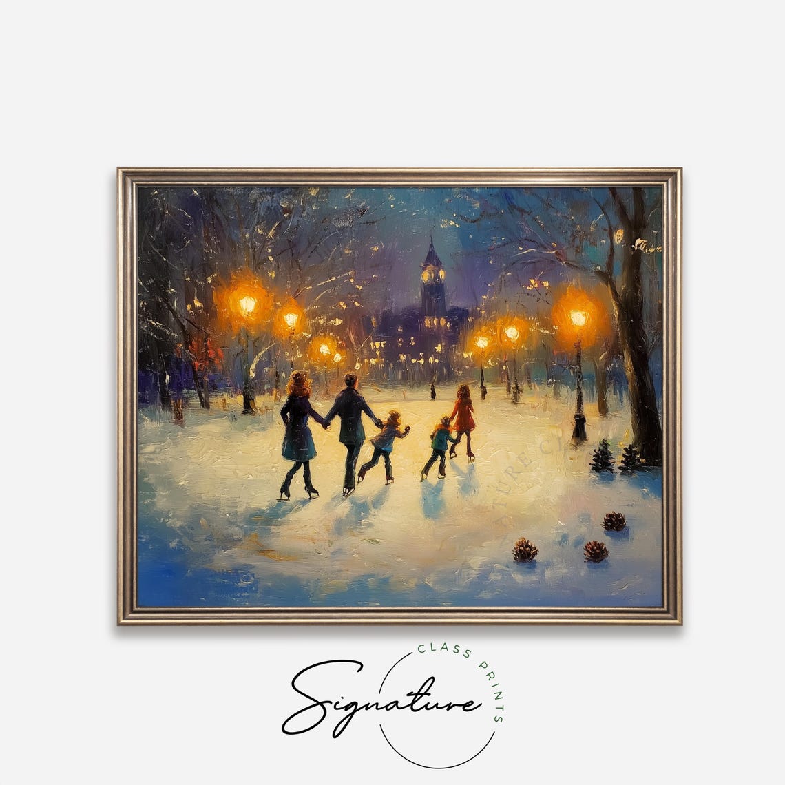 Night Ice Skating Under Glowing Lamps With Church Steeple Art Poster - Image 4