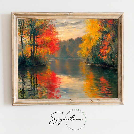Tranquil Autumn River Between Red And Gold Trees Water Art Poster