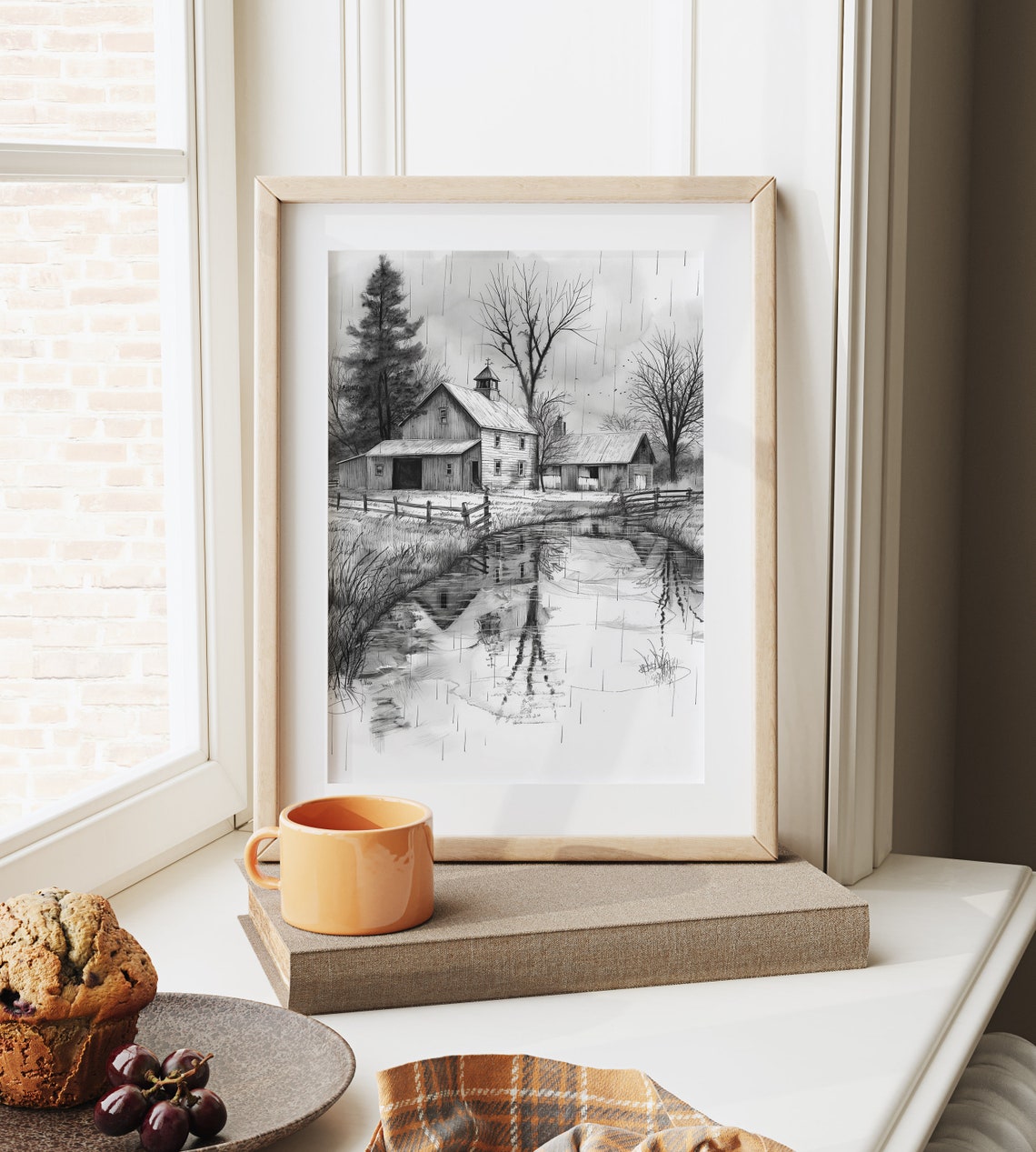 Rainy Day At Rural Farmstead Barn Sketch With Pond Poster Art - Image 6