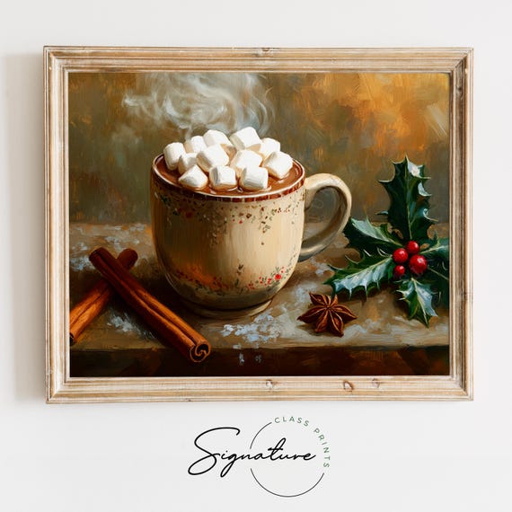 Rustic Mug Of Hot Cocoa With Marshmallows Cozy Farmhouse Christmas Wall Art Moody Winter Kitchen Still Life Holiday Decor 2740