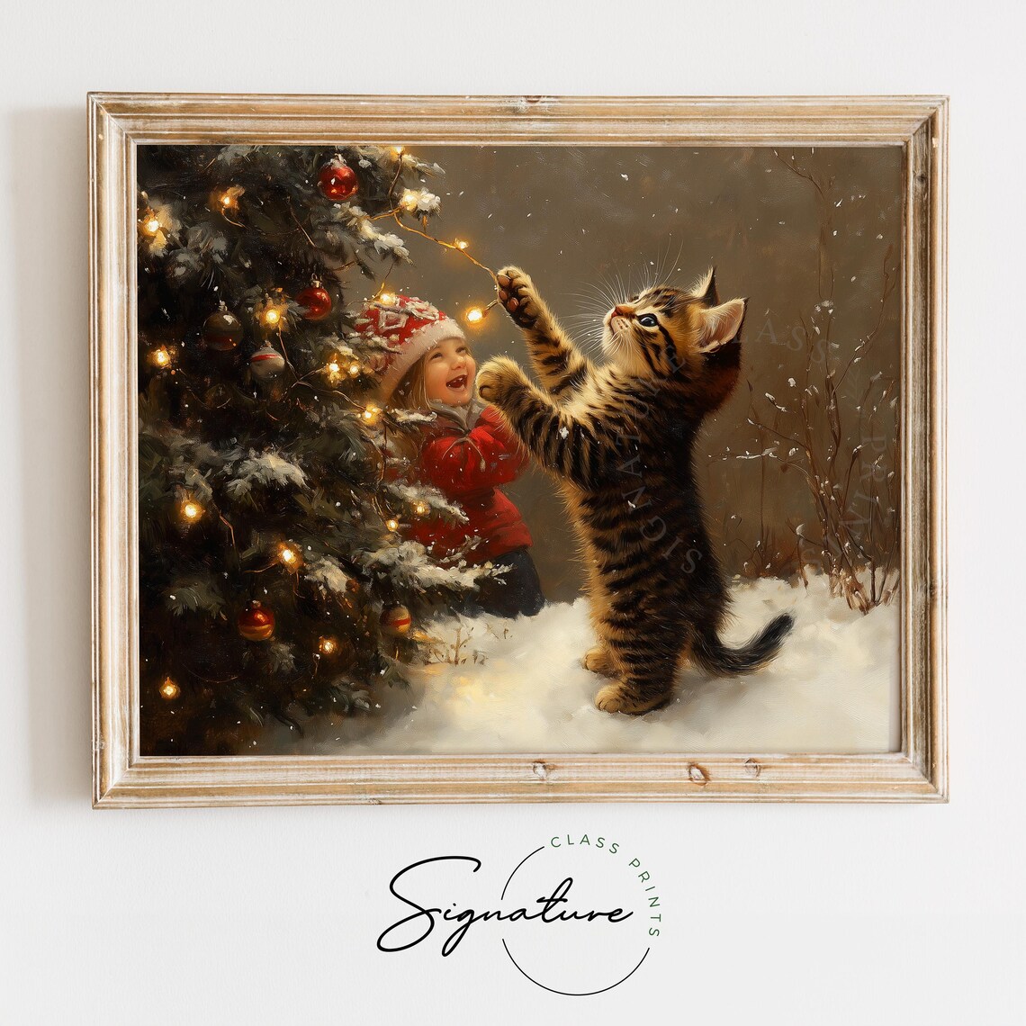 Tabby Kitten Pawing at Christmas Lights with Laughing Child Poster
